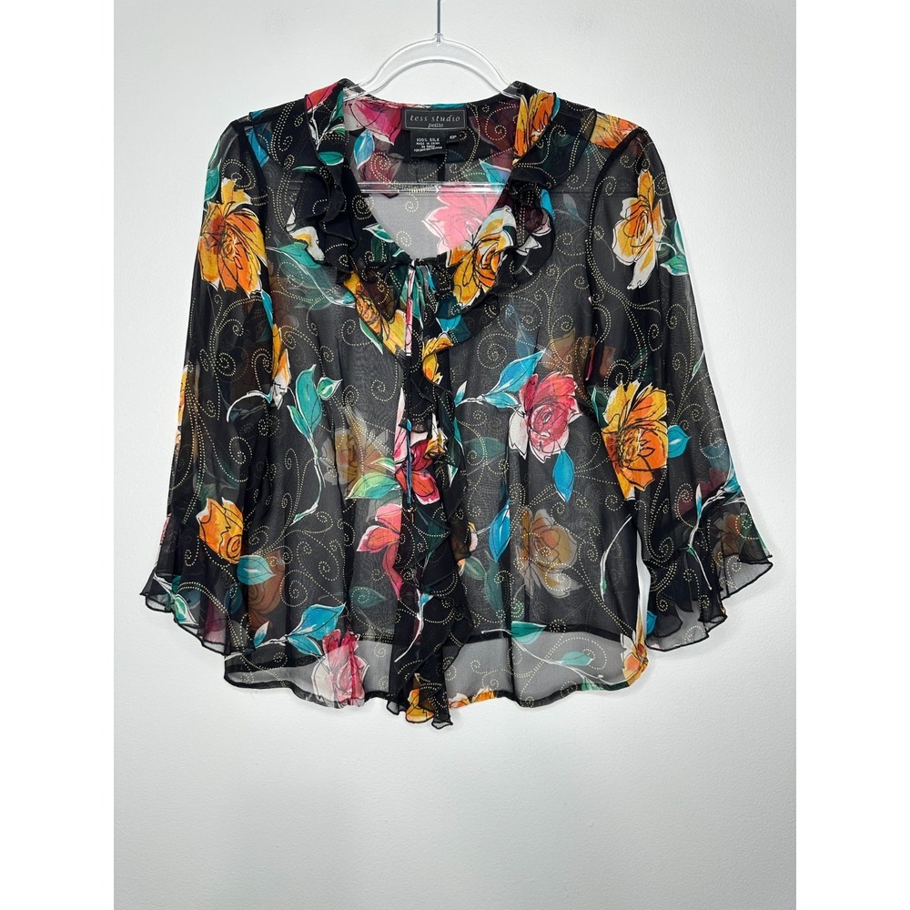 Vtg Tess Studio Silk Blouse 10P‎ Black Floral Sheer Button Up Whimsigoth